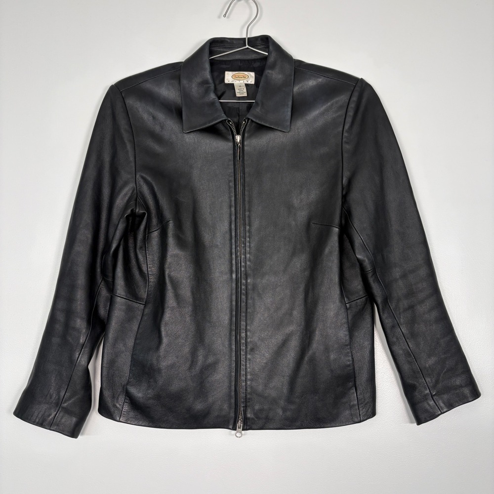 Talbots Women‎ Leather Jacket 12P Black Full Zip Petite Collared Classic